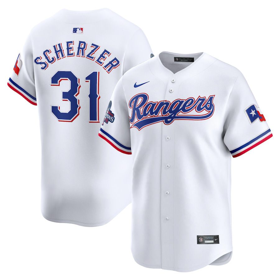 Men Texas Rangers 31 Max Scherzer Nike White Home 2023 World Series Champions Limited MLB Jersey